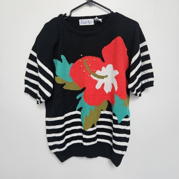 Vintage Sweaters - Vintage Fair Set Black and White Sz L Striped Knitted Sweater with Floral Design